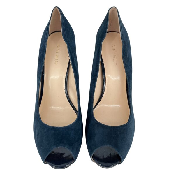 Nine West Portofino Blue Suede Leather Peep Toe 4 Inch Pumps Size 10 - Picture 8 of 16